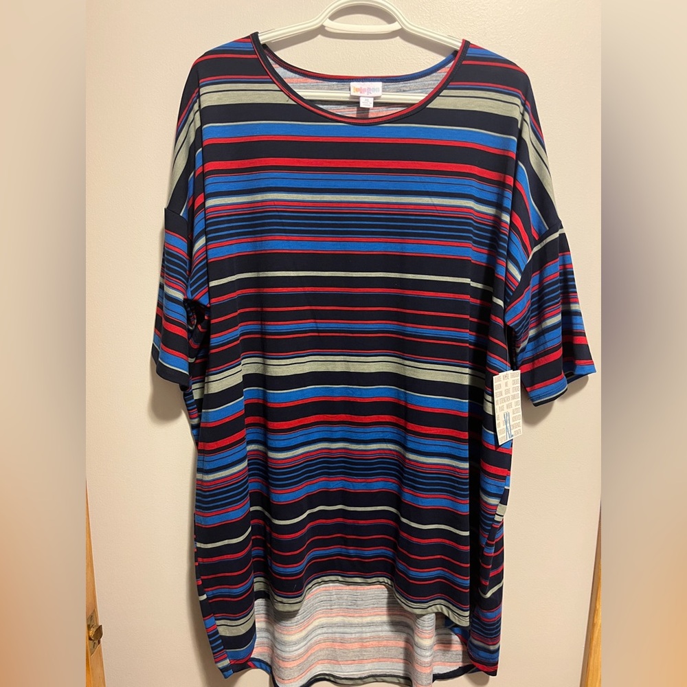 NWT-LuLaRoe-Size XL- Blue, Red, Black And Gray Striped Shirt